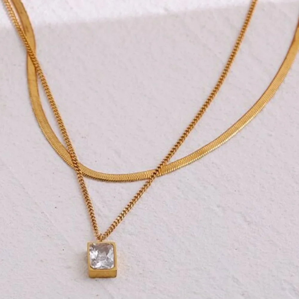 NEW 18K Gold Plated Flat Herringbone Double Layer Necklace - Picture 2 of 5